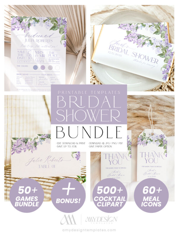 Lilac Bridal Shower Invitations Bundle Template | Purple Bridal Shower Bundles Stationery Card Sign + 50 Bridal Games Printable