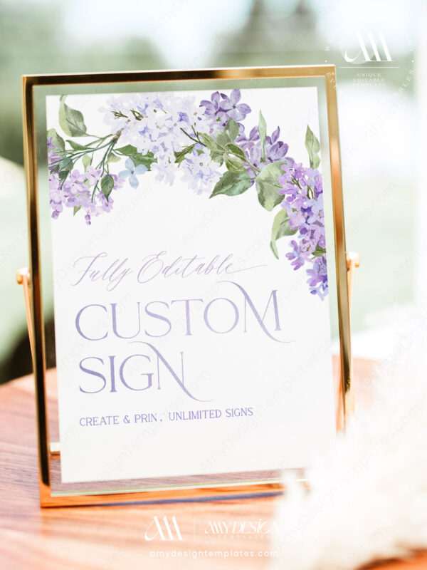 Lilac Purple Custom Sign Template | Purple Floral Personalized Wedding Shower Sign