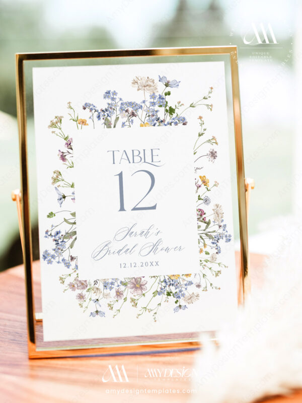 8+ Elegant Blue Wedding Table Sign Templates: Something Blue on Every Table Wild Floral Wedding Table Numbers Card Printable | Editable Table Number Seating Chart Cards Template