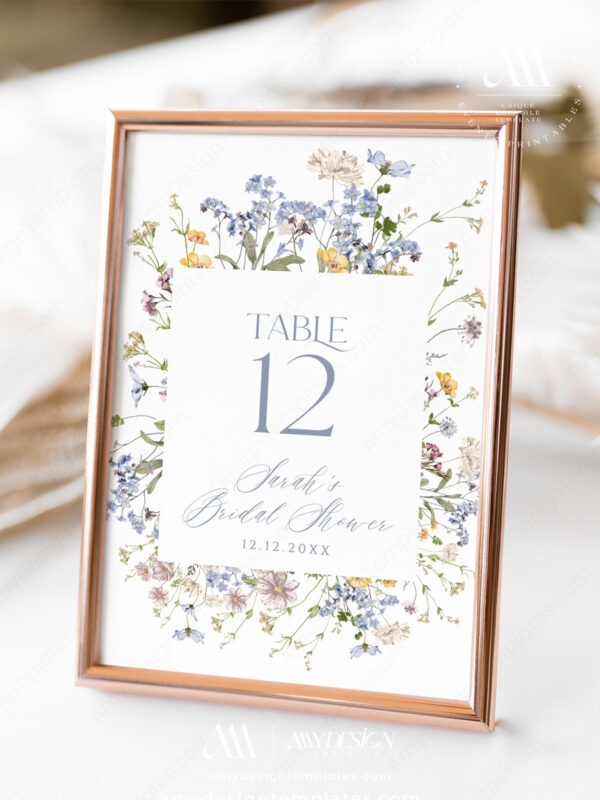 Wildflower Bridal Shower Invite Template | Editable Whimsical Garden Invitation Printable Card Wild Floral Wedding Table Numbers Card Printable | Editable Table Number Seating Chart Cards Template
