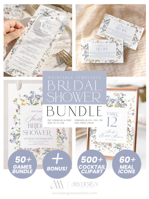 Wildflower Bridal Shower Invitations Bundle Template | Bridal Shower Stationery Bundle + 50 Printable Shower Games Cards & Signs
