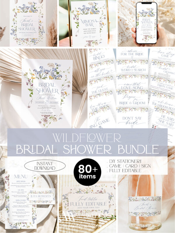 Wildflower Bridal Shower Invitations Bundle Template | Bridal Shower Stationery Bundle + 50 Printable Shower Games Cards & Signs