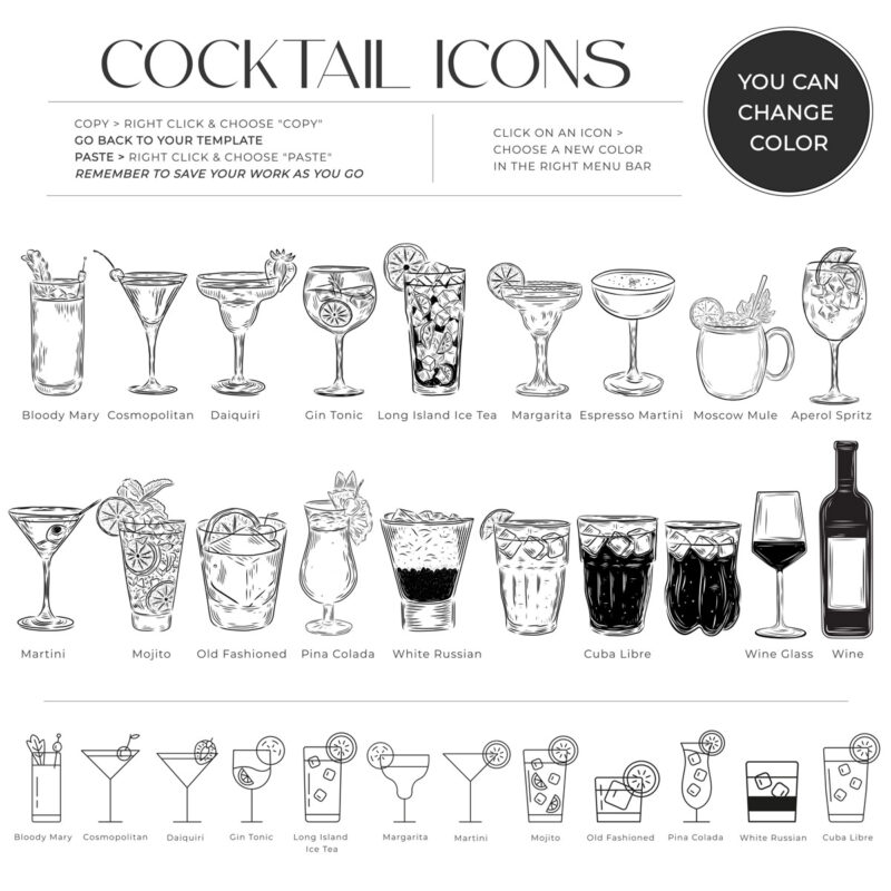 Minimalist Wedding Drink Sign Template | Modern Signature Drink Sign Template Printable SVG Cocktail Clipart Outline Signature Drinks Sign | Amy Design Template