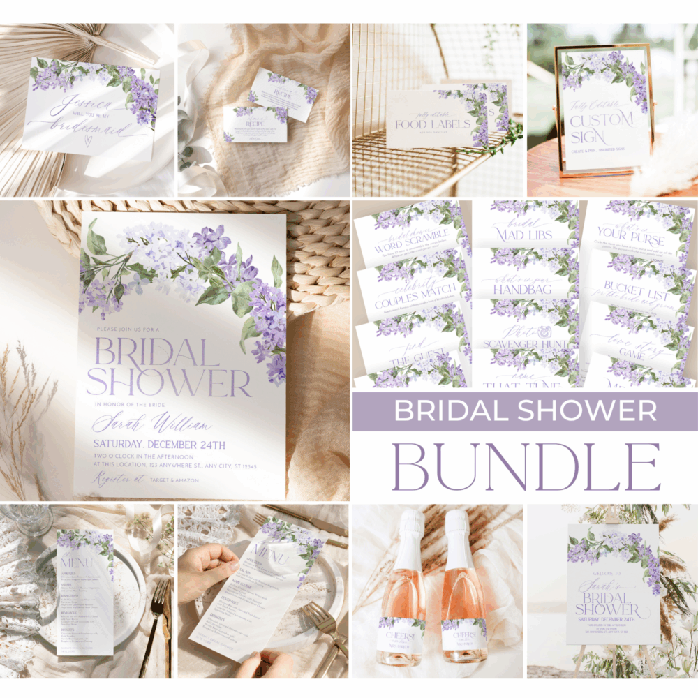 lilac bridal shower invitations bundle