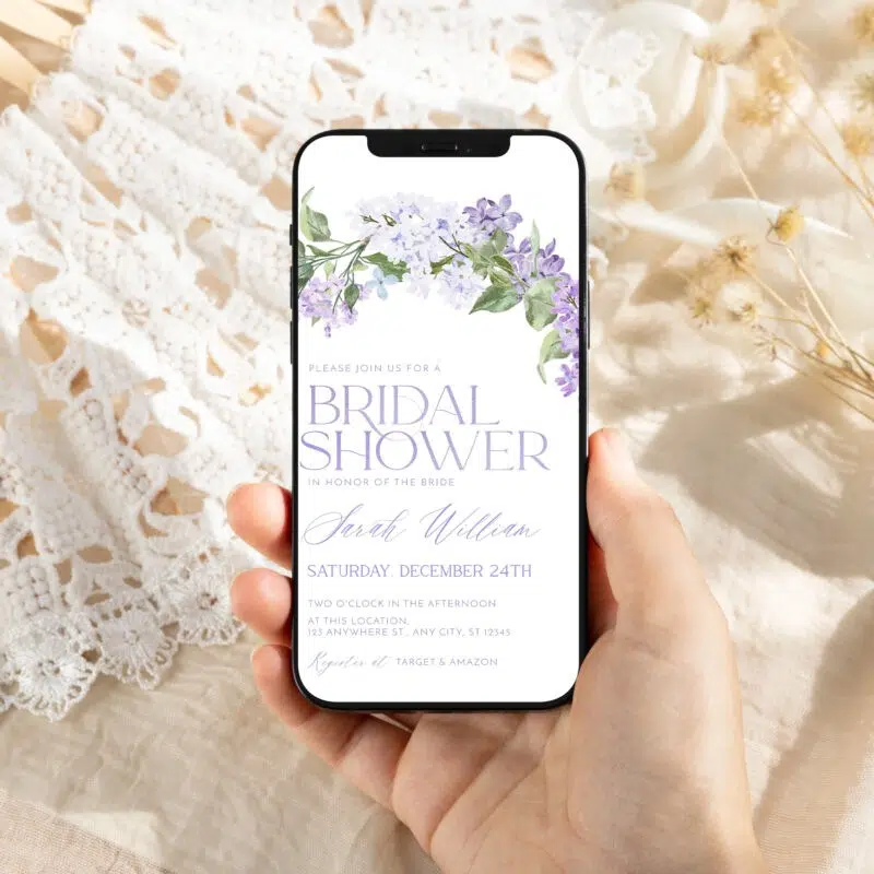 lilac bridal shower evite purple digital invitation