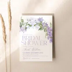 lilac invitation with purple flowers for bridal shower