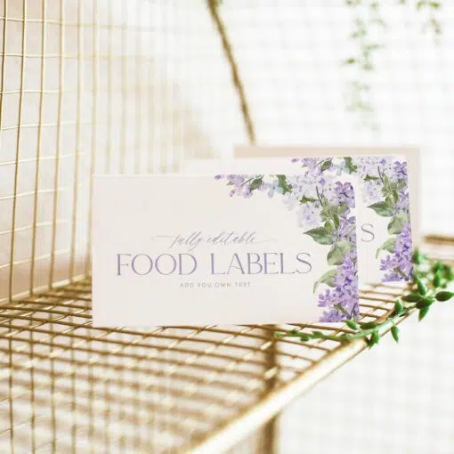 purple floral food tent cards