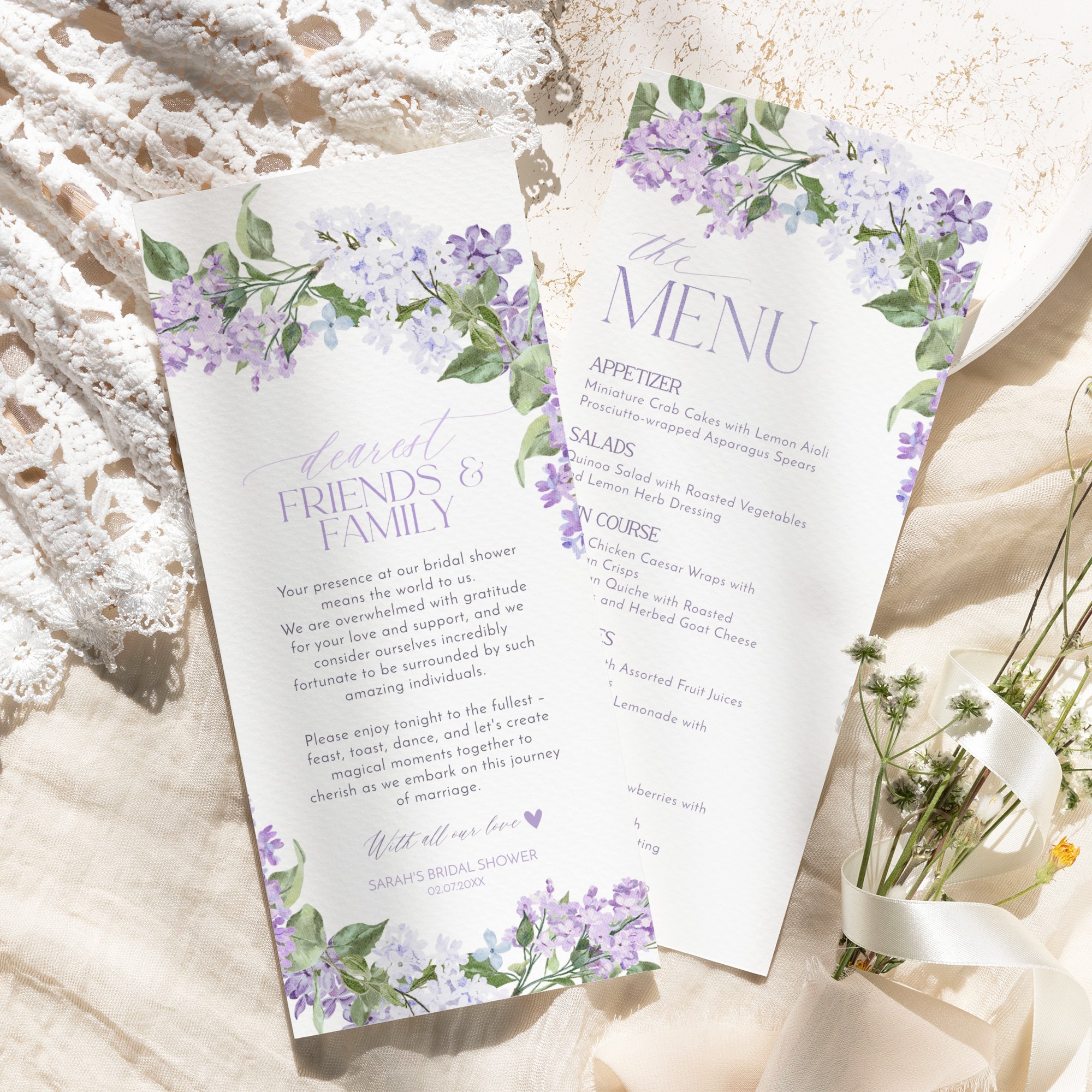 Bridal Shower Brunch Menu | Lilac Bridal Shower Menu Cards