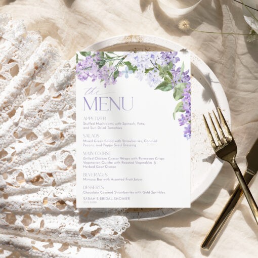 Bridal Shower Brunch Menu | Lilac Bridal Shower Menu Cards