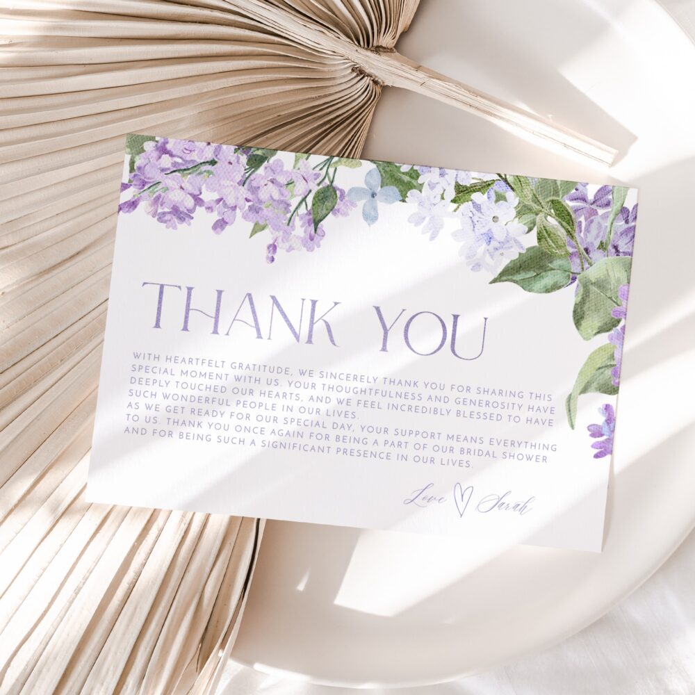 lilac thank you card printable purple bridal shower thank you