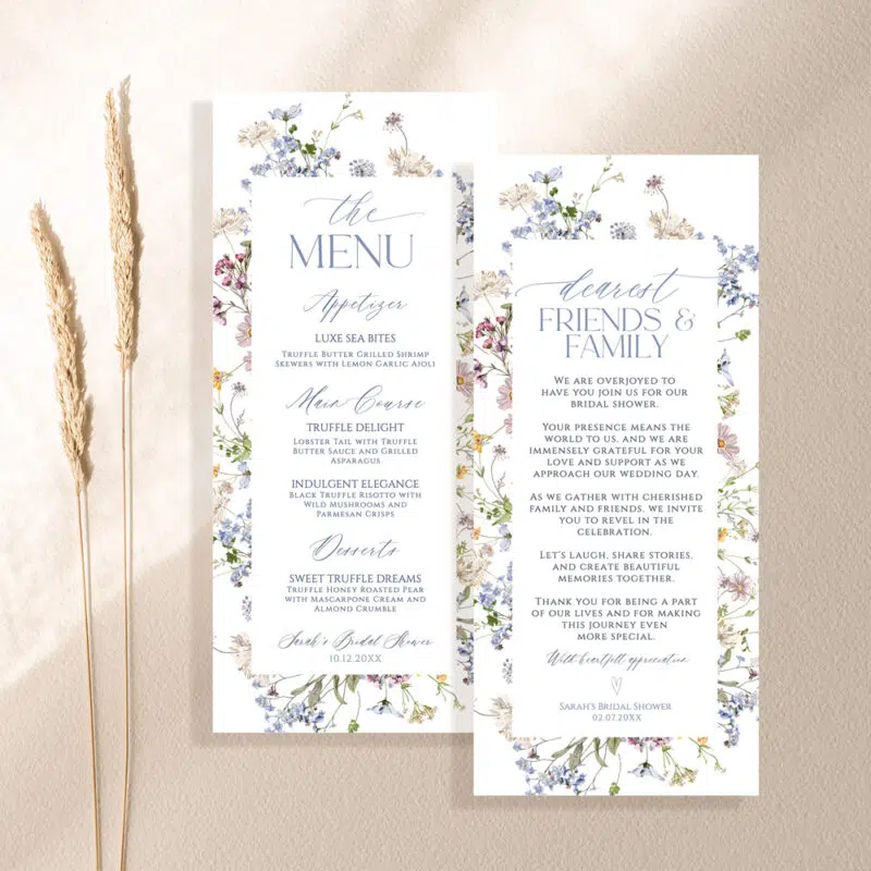 Wildflower Bridal Shower Menu Thank You Napkin Note Template
