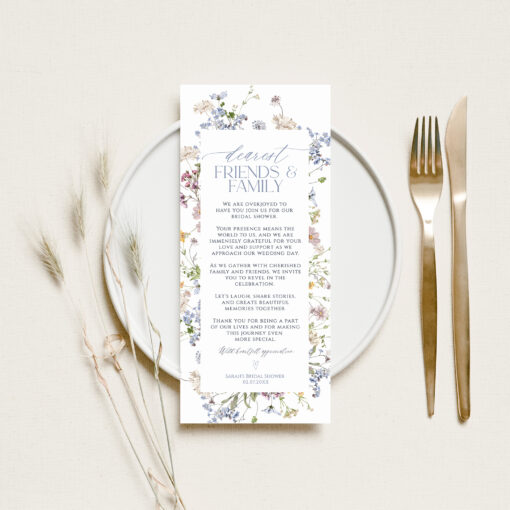 Wildflower Bridal Shower Menu Thank You Napkin Note Template