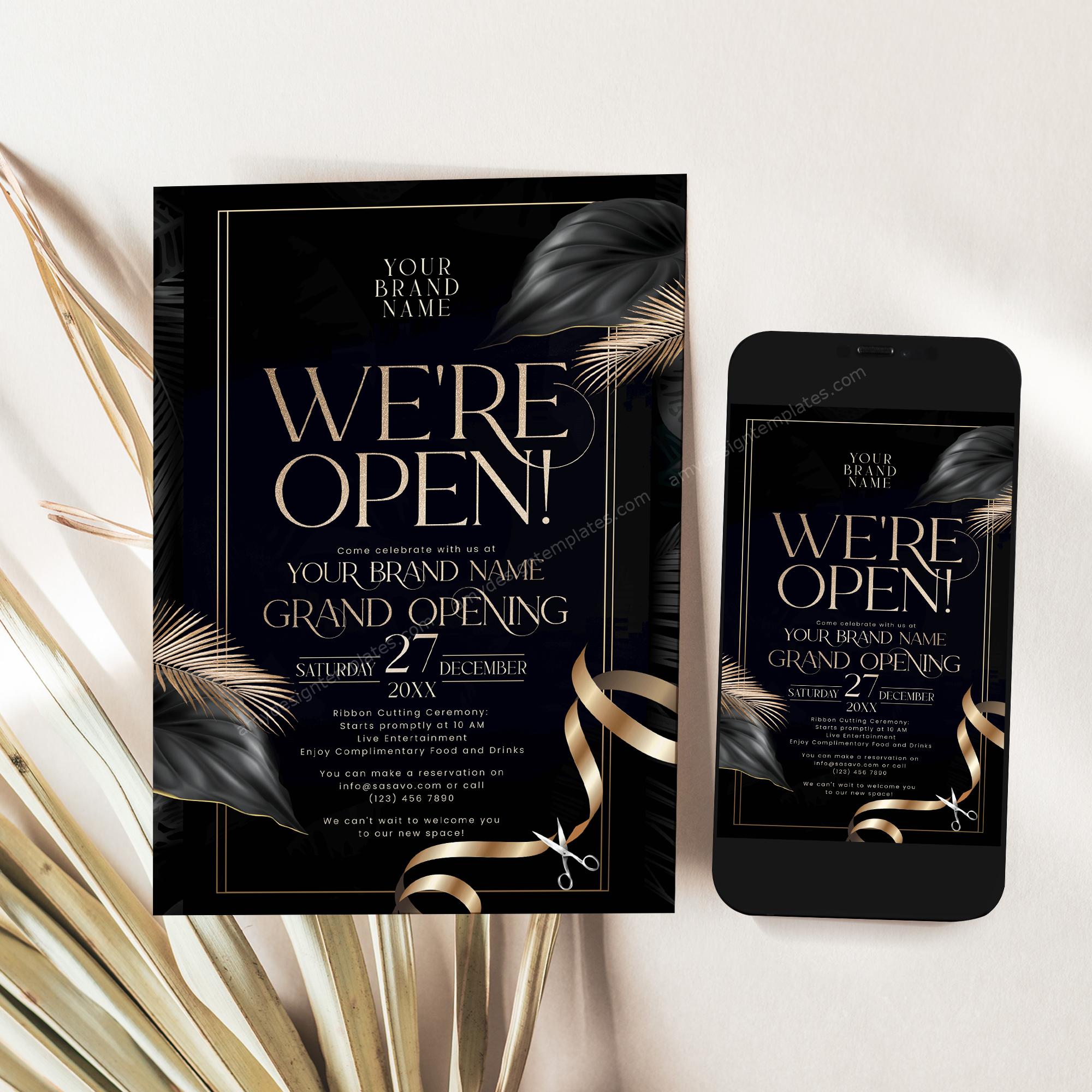 Black and Gold Grand Opening Invitation, We're Open Invite Template