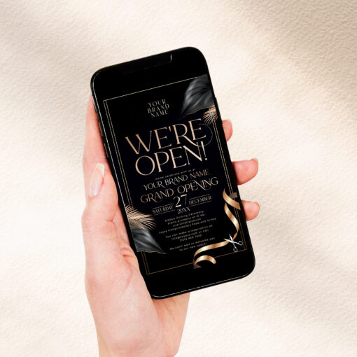 Black and Gold Grand Opening Invitation, We're Open Invite Template