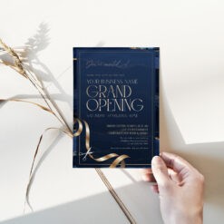 Navy and Gold Grand Opening Invitation Card Template