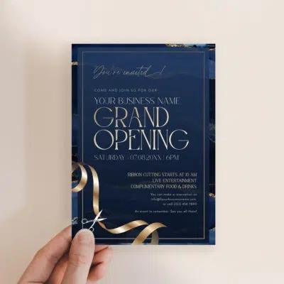 Navy and Gold Grand Opening Invitation Card Template