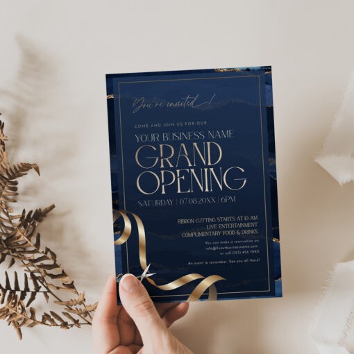 Navy and Gold Grand Opening Invitation Card Template