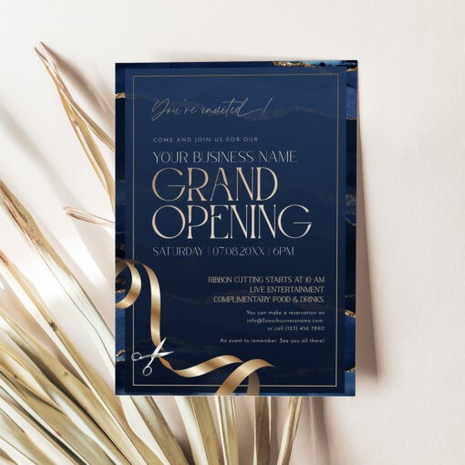 Navy and Gold Grand Opening Invitation Card Template