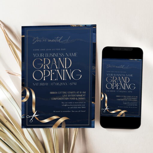 Navy and Gold Grand Opening Invitation Card Template