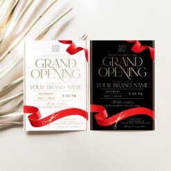 Customize our Grand Opening Flyer or Product Launch Invitation Template in black and white. Easily edit text, colors, and fonts. Try the free demo today!