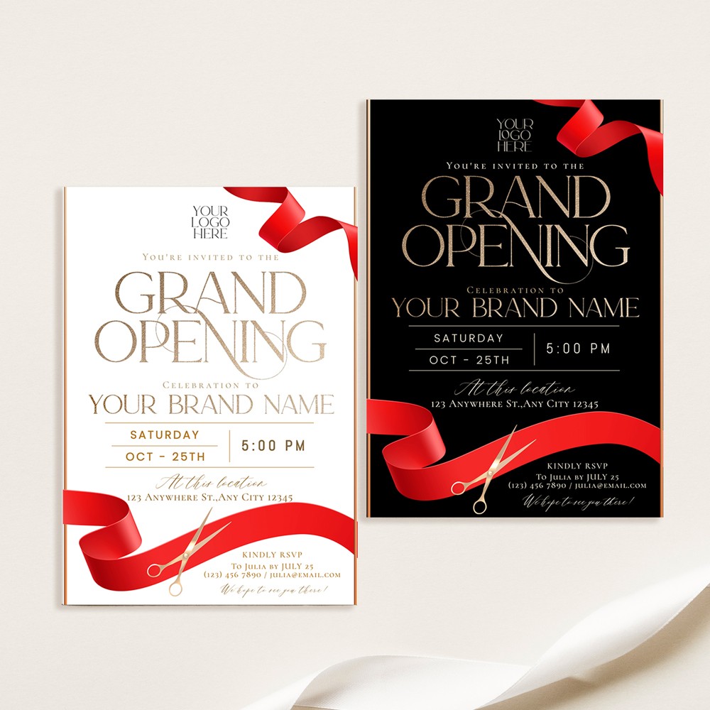 Customize our Grand Opening Flyer or Product Launch Invitation Template in black and white. Easily edit text, colors, and fonts. Try the free demo today!