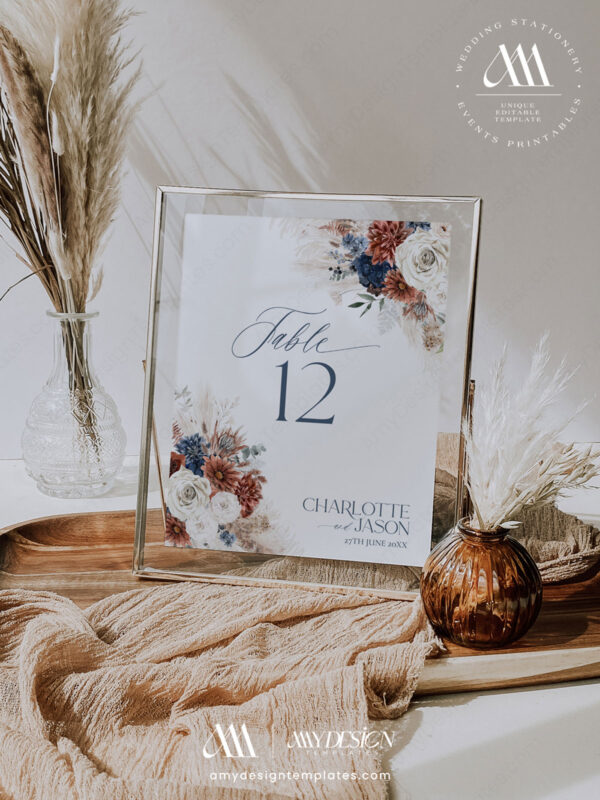 Navy Blue Rust Wedding Signs Templates | Bohemian Terracotta Wedding Signage Bundles Navy Blue Rust Wedding Signs Templates - Table Numbers