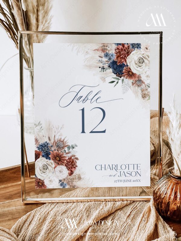 Boho Wedding Table Number Template | Navy Blue Table Numbers Card Instant Download