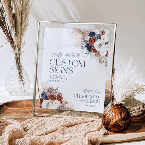 Boho Navy Rust Wedding Table Signs Template