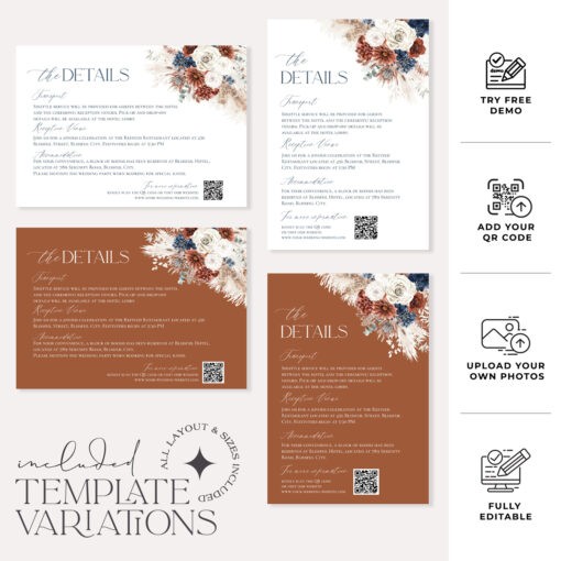 Boho Navy Blue and Rust Wedding Details Card Template