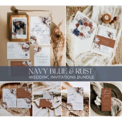 Navy Blue Rust Wedding Invitation Bundles, Navy Terracotta Wedding Template Bundle