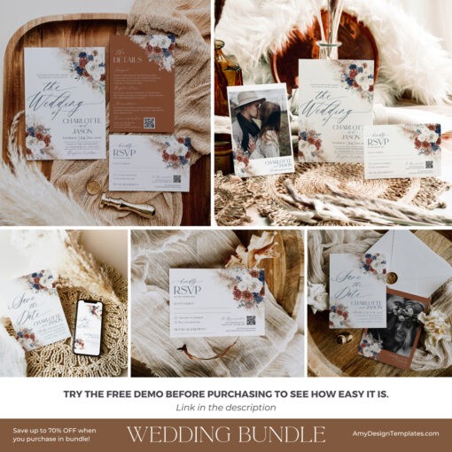 Navy Blue Rust Wedding Invitation Bundles, Navy Terracotta Wedding Template Bundle