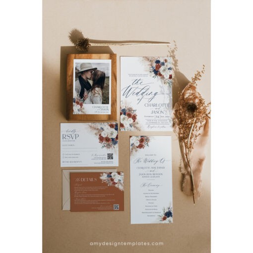 Navy Blue Rust Wedding Invitation Bundles, Navy Terracotta Wedding Template Bundle