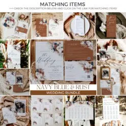 Navy Blue Rust Wedding Stationery Bundle, Boho Wedding Reception Templates
