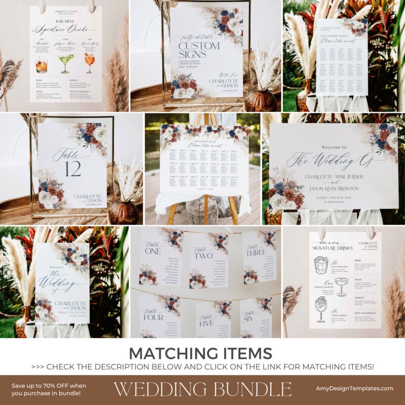 Chic Navy Blue Rust Wedding Invitation Template, Boho Wedding Invitation Sets With RSVP Navy Blue Rust Wedding Stationery Bundle, Boho Wedding Reception Templates
