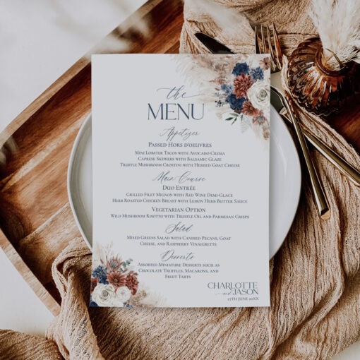 Navy Blue Rust Wedding Menu Template, Dessert Menu Template