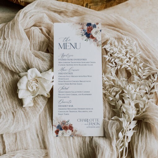 Navy Blue Rust Wedding Menu Template, Dessert Menu Template