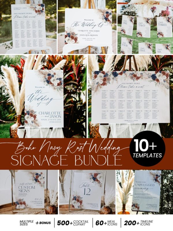 Navy Blue Rust Wedding Signs Templates | Bohemian Terracotta Wedding Signage Bundles