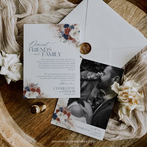 Navy Blue Rust Wedding Thank You Cards With Photo