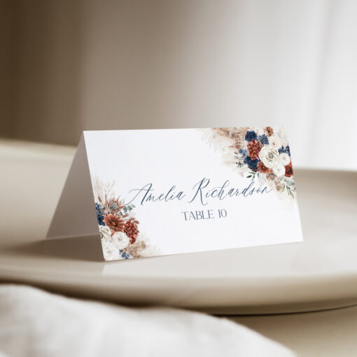 Navy Blue and Terracotta Wedding Wedding Place Card Template