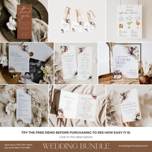 Navy Blue Rust Wedding Reception Templates, Bohemian Wedding Bundle Template