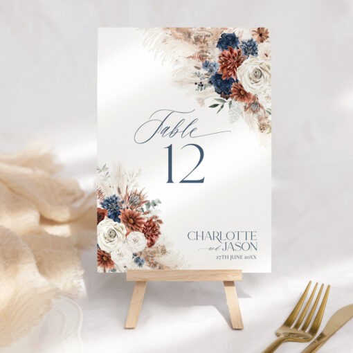 Navy Rust Wedding Table Number Printable, Table Number Cards Template