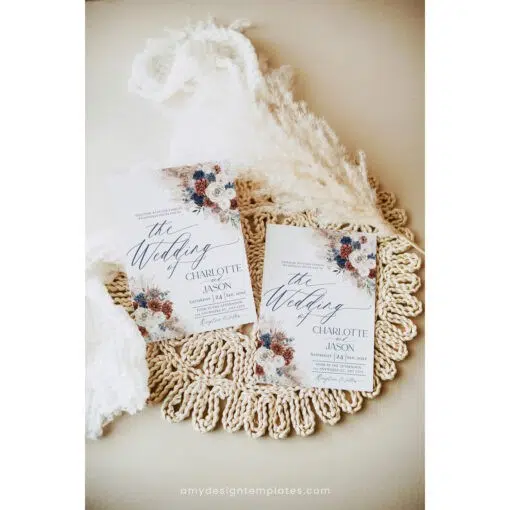 Boho Rust Navy Wedding Invitation Template
