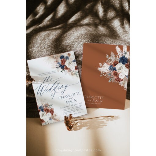 Boho Rust Navy Wedding Invitation Template