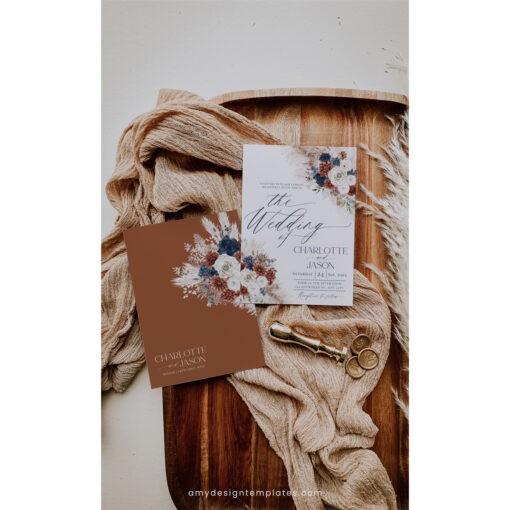 Boho Rust Navy Wedding Invitation Template