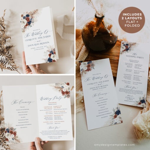 Programs For Wedding Ceremony Template Navy Blue Rust Wedding