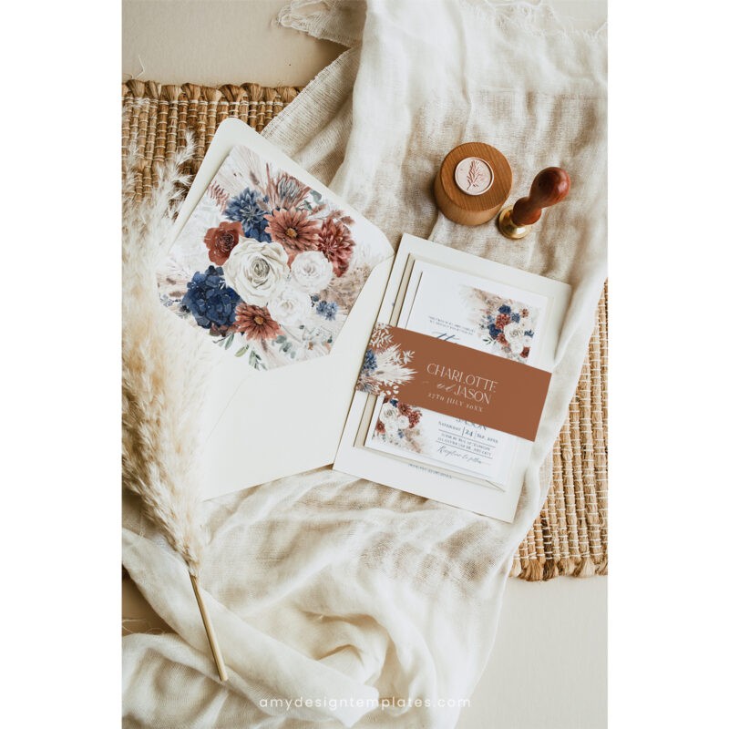 Chic Navy Blue Rust Wedding Invitation Template, Boho Wedding Invitation Sets With RSVP Boho wedding invitation template with navy blue and rust tones, pampas grass, modern arch, RSVP card, DIY envelope liner, and belly band.