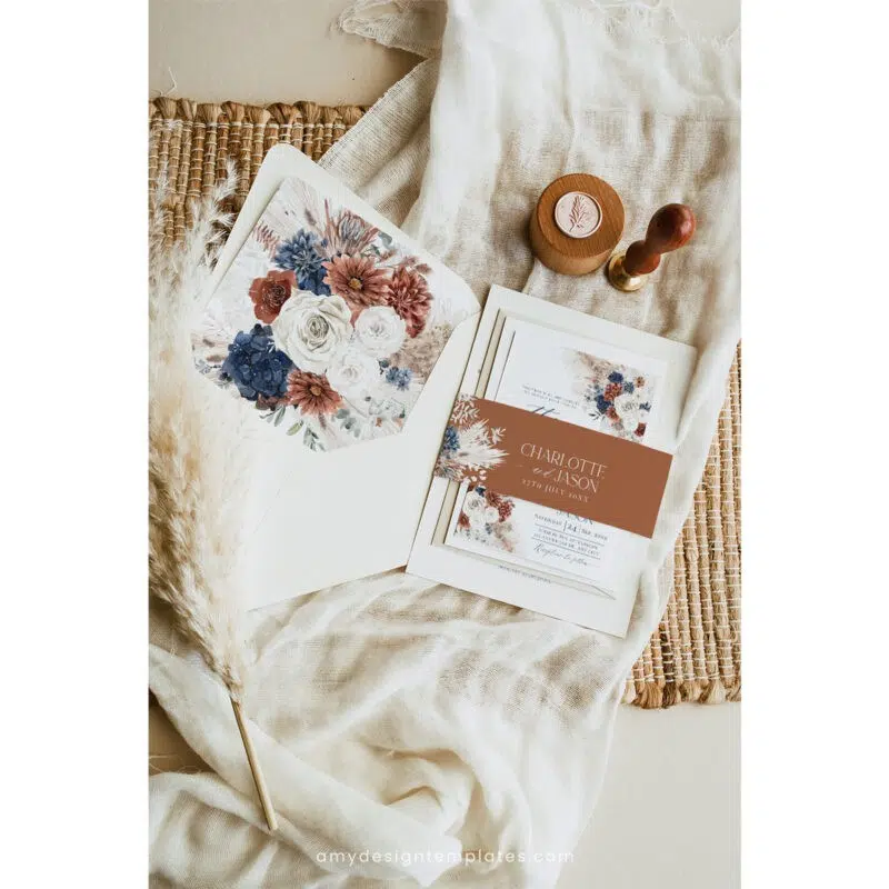 Boho wedding invitation template with navy blue and rust tones, pampas grass, modern arch, RSVP card, DIY envelope liner, and belly band.