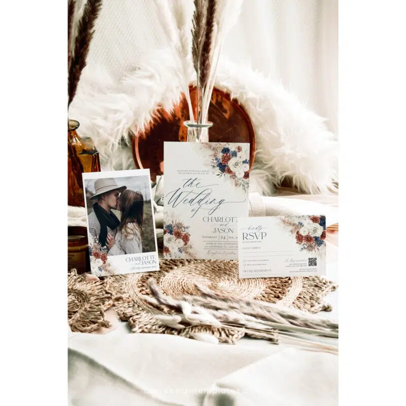 Editable navy and rust wedding invitation card set with pampas grass and boho floral accents, perfect for fall weddings and rustic themes.