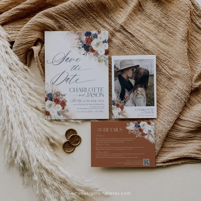 Editable navy blue and rust wedding invitation Save the date card set with pampas grass and boho floral accents, perfect for fall weddings and rustic themes.