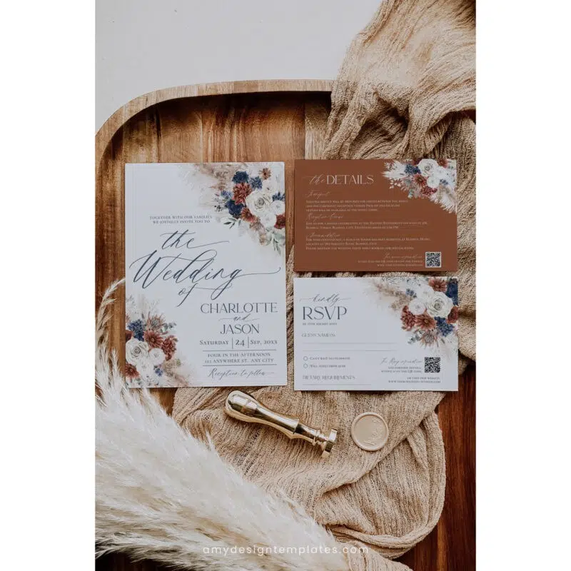 Editable navy blue and rust wedding invitation card set with pampas grass and boho floral accents, perfect for fall weddings and rustic themes.
